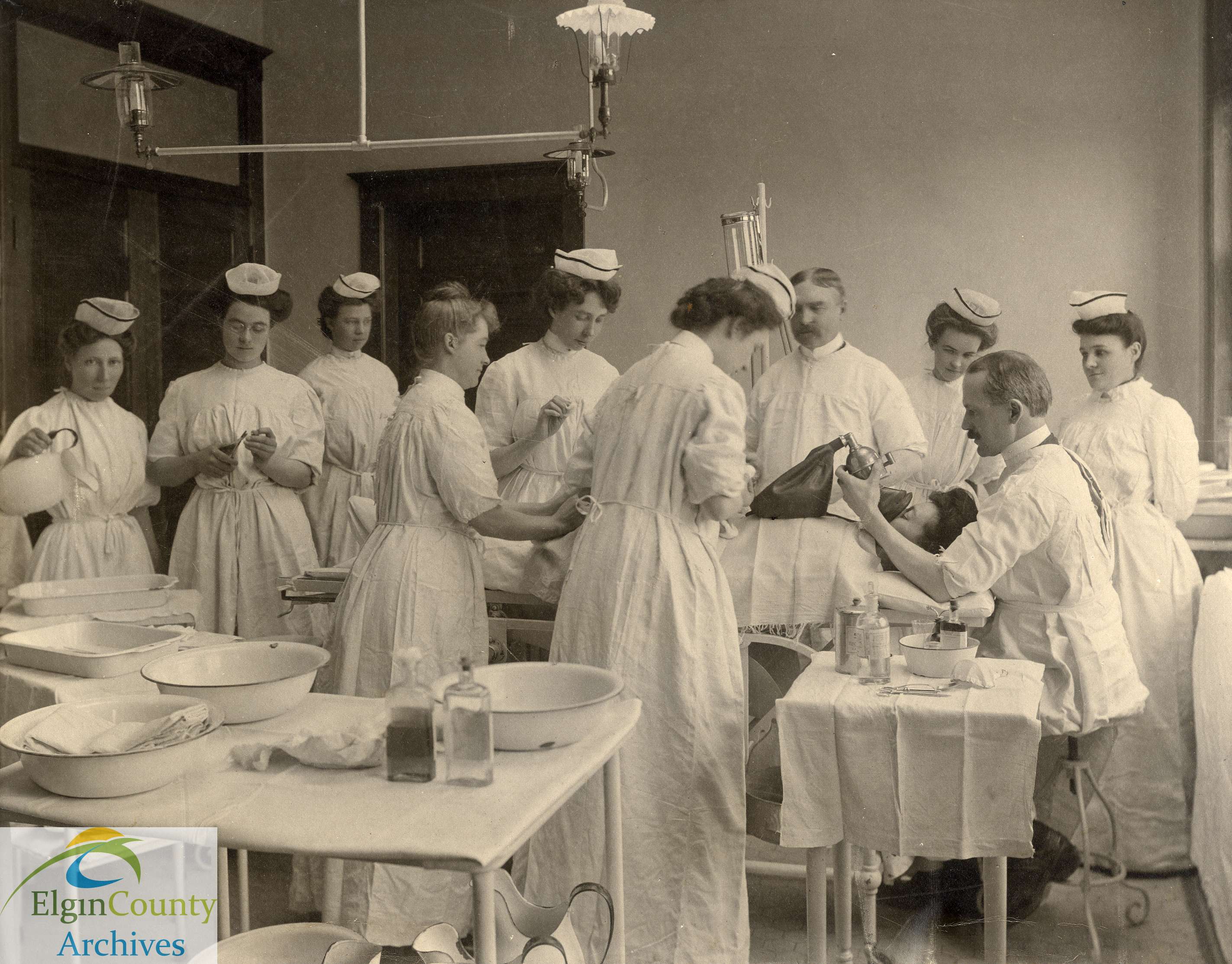 Amasa Wood Hospital, St. Thomas - Surgical Team and Operating Room, ca. 1905